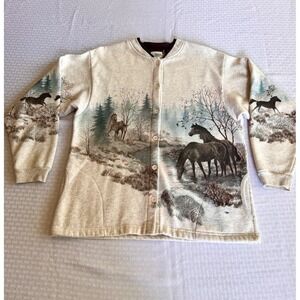 Artisans Vintage Horse Graphic Fleece Cardigan Sweatshirt Jacket Lg Tan Scenic